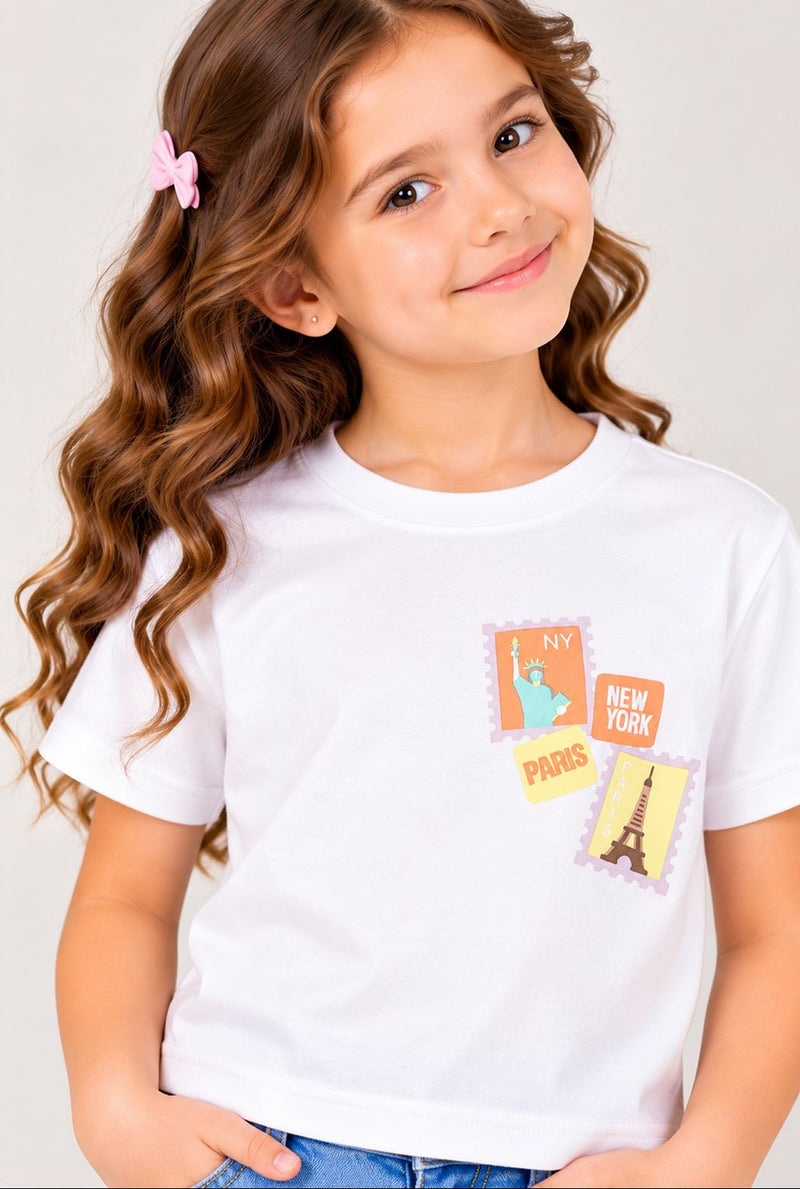 Spunkies White Girls Graphic Print Round Neck Short Sleeves Top