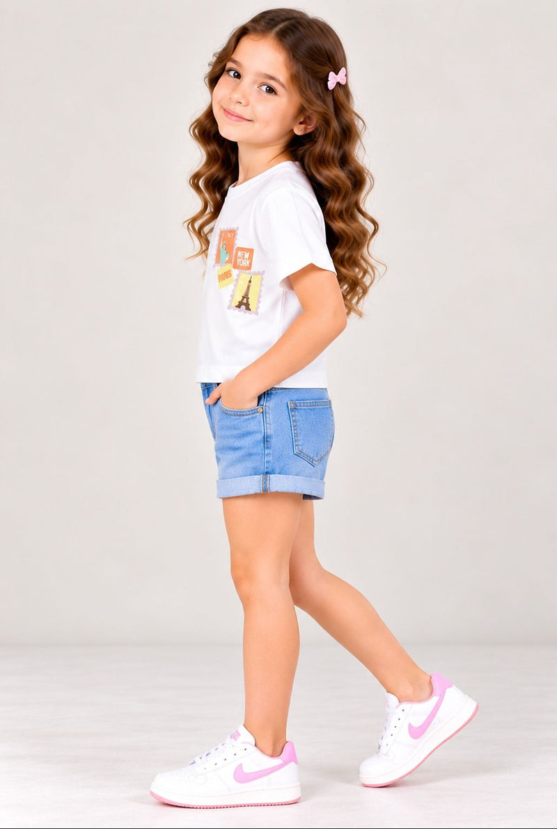 Spunkies White Girls Graphic Print Round Neck Short Sleeves Top