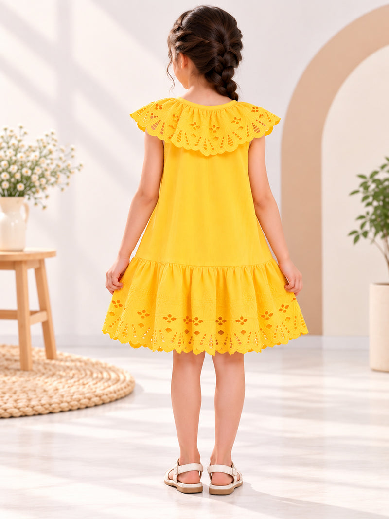 Spunkies Yellow Cotton Round Neck Schiffli Dress For Girls