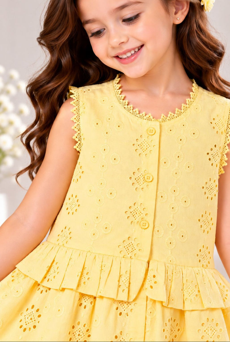 Spunkies Yellow Girls Schiffli Embroidered Round Neck Sleeveless A-Line Dress