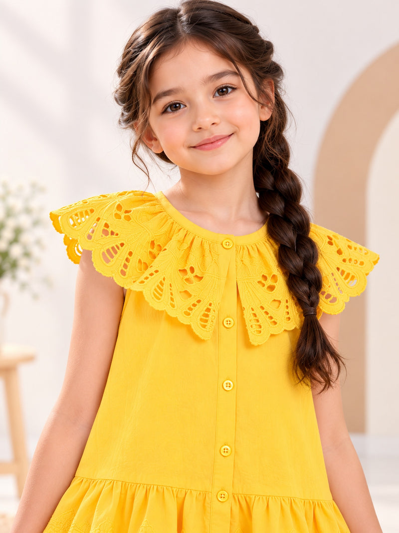 Spunkies Yellow Cotton Round Neck Schiffli Dress For Girls