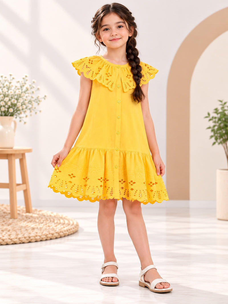 Spunkies Yellow Cotton Round Neck Schiffli Dress For Girls
