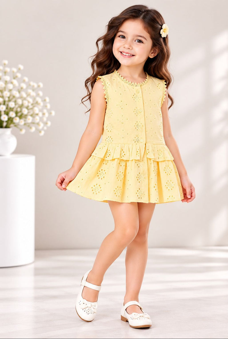 Spunkies Yellow Girls Schiffli Embroidered Round Neck Sleeveless A-Line Dress