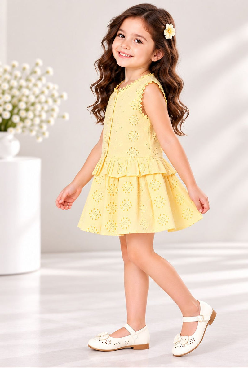 Spunkies Yellow Girls Schiffli Embroidered Round Neck Sleeveless A-Line Dress