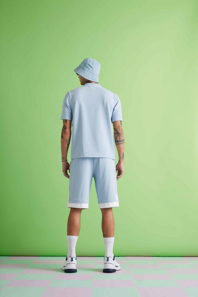Crazed Paneled Shorts-Sky Blue/White