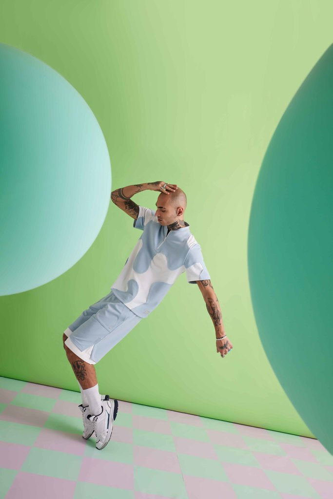 Crazed Paneled Shorts-Sky Blue/White