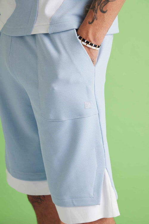 Crazed Paneled Shorts-Sky Blue/White